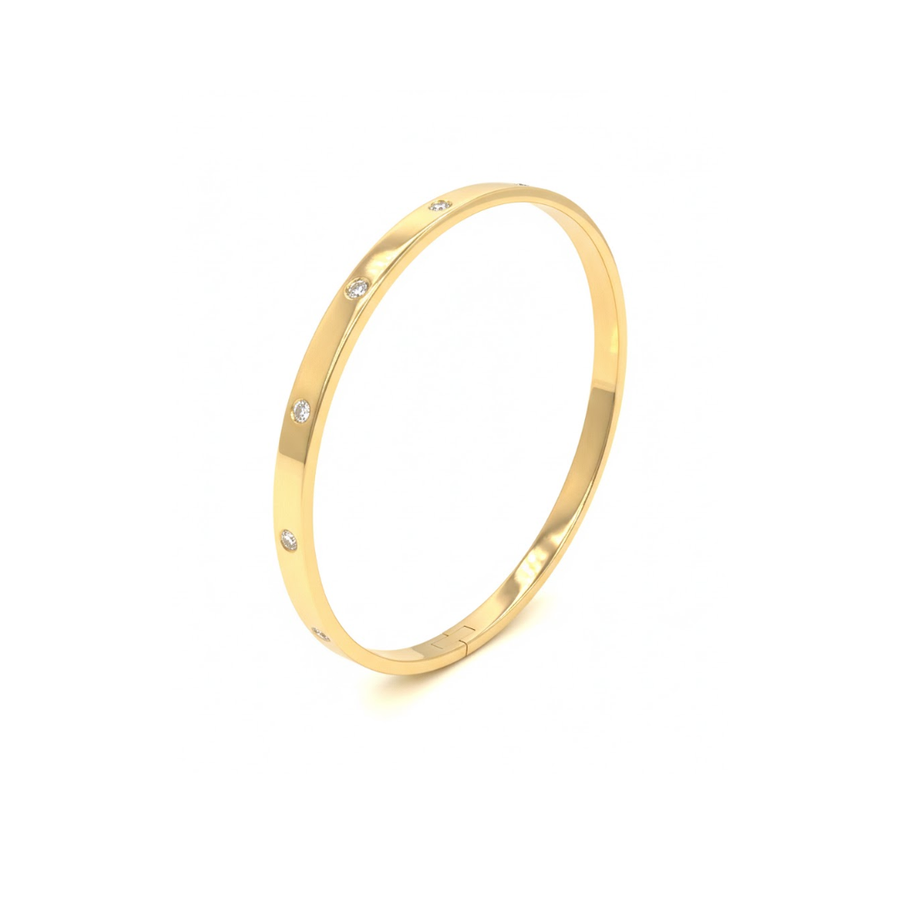 18K YG Diamond Oval Hinged Bangle 5mm Wide. 59x50mm internal diameter. 5D = 0.30ct H/SI