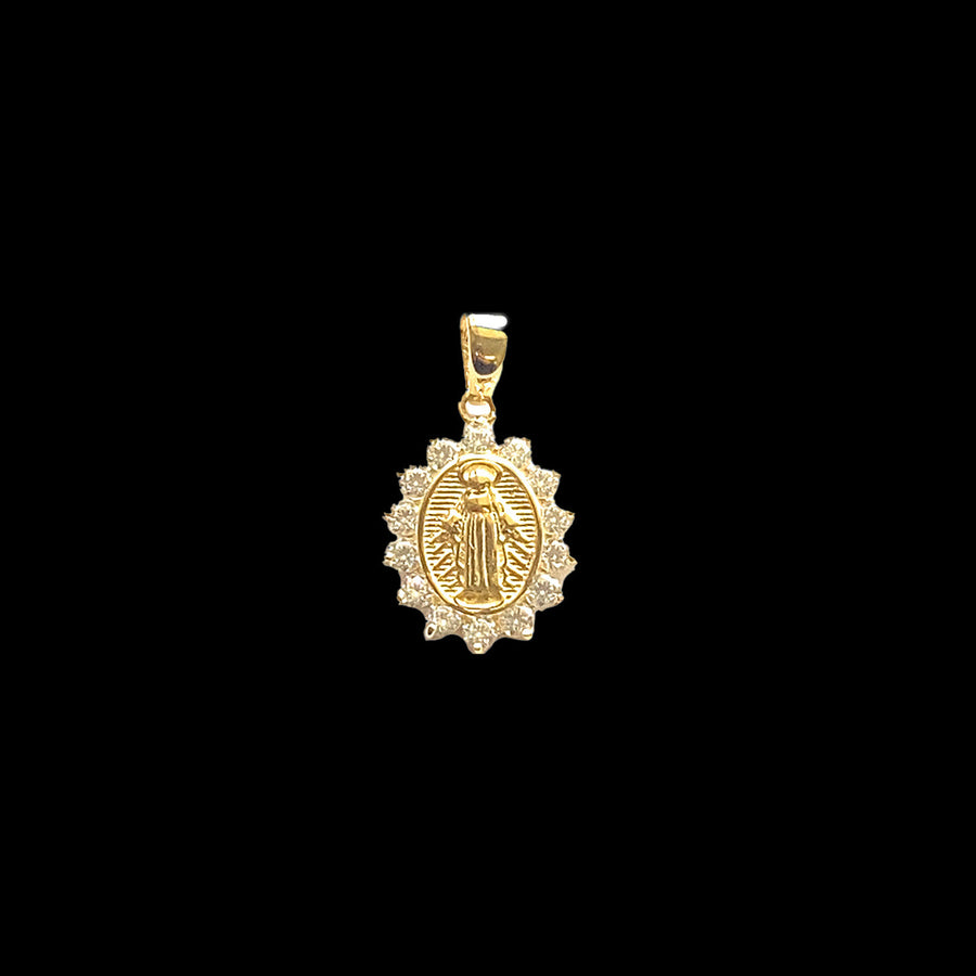 9k YG Solid CZ Flower Pendant with Miraculous Madonna, 11.5x14mm (+7mm bail)