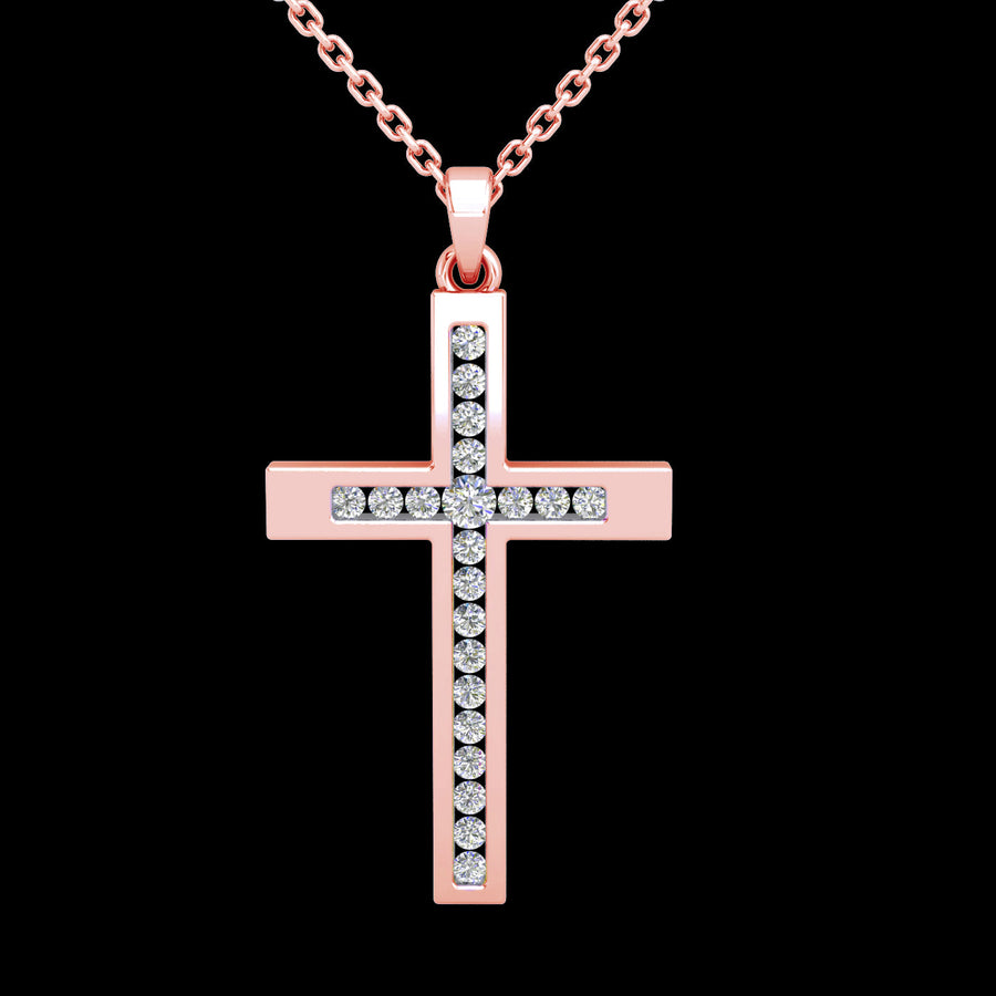 9k RG Diamond Cross Pendant 21D=0.15ct. Channel Set . Meas. 22mm x 14mm
