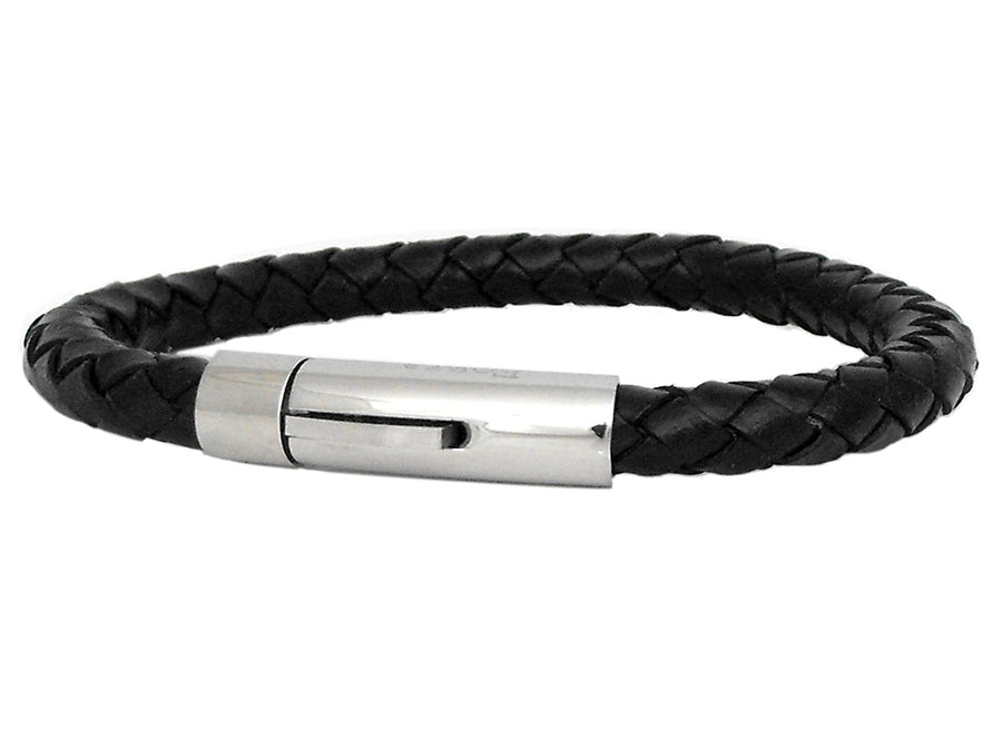 Stainless Steel & Plaited Leather Bracelet 8mm Black 21cm & Gift Box.