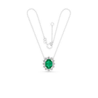 Oval Link Chain with Lab Emerald and Diamond Pendant (12D = 0.42ct 1EM = 1.2ct)
