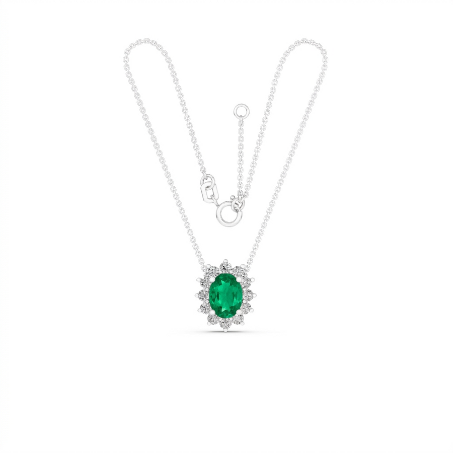 9k WG 1.4mm Oval Link Chain with Lab Emerald and Lab Diamond Princess Diana Pendant. 12D = 0.42ct 1EM = 1.2ct. Chain 45cm with O-Ring at 42cm