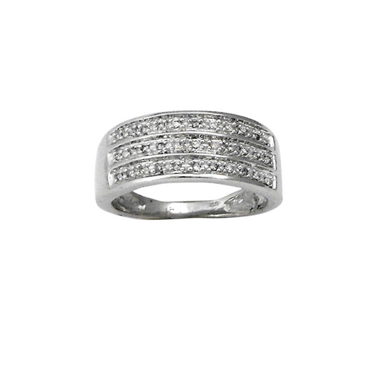 9k WG three row diamond ring set with 33D = 0.17ct.  Size P