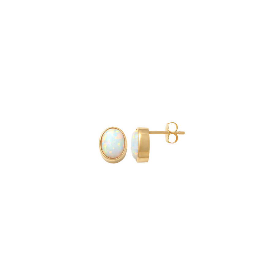 9k YG Oval Syn Opal Stud Earrings Bezel Set 9x7mm