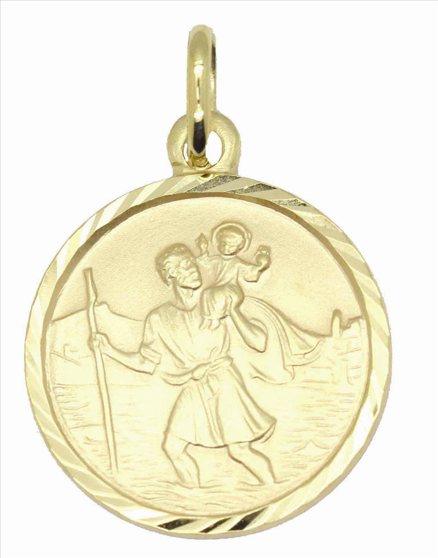 9k YG Italian Solid Round Medallion Pendant with St Christopher . 12mm wide