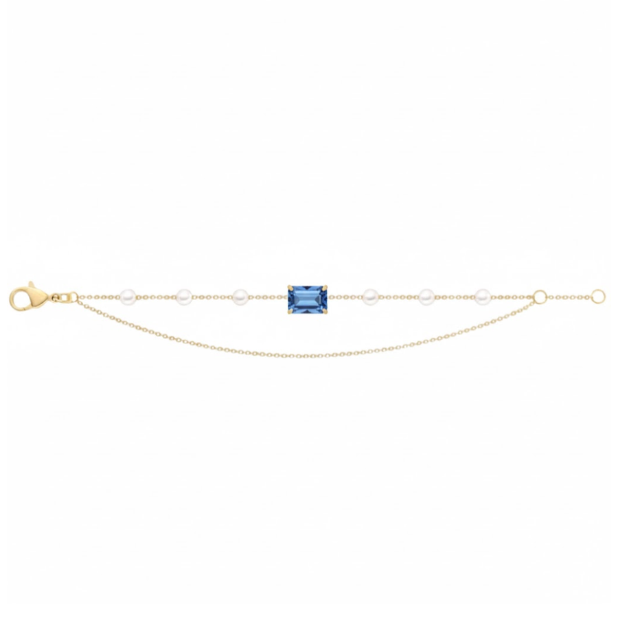18k YG Akoya Pearl & Blue Topaz Bracelet 18cm (15+3cm adjustable links). 6x 4mm Round Pearls & 1Bt (6x4mm) = Approx 1.25ct Claw Set.