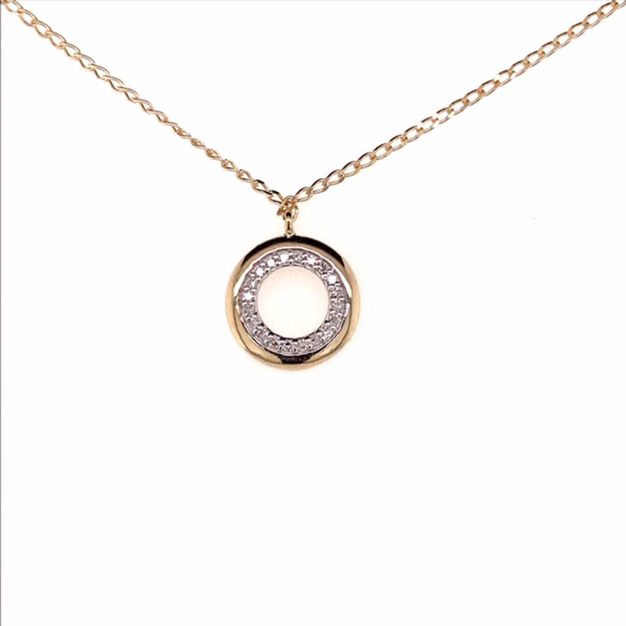 9k YG Circle Diamond Pendant 20D=0.06ct with Oval Link Chain 45cm O-Ring at 43cm & 44cm 1mm Wide . Meas. 10mm