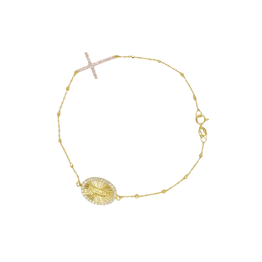 9k YG Rosary Bracelet, 18.5cm with 12x  Faceted Balls, Miraculous Madonna and CZ Cross