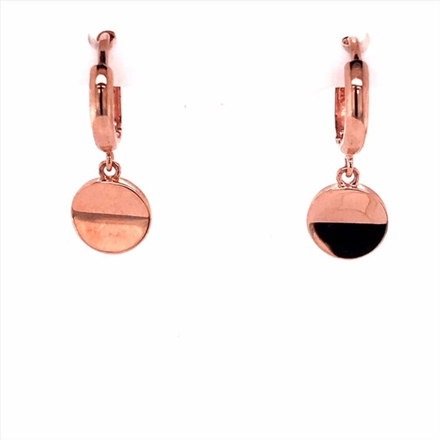 9k RG Round Huggie Earrings 8mm Diameter. with Round Disc Drop. 2mm Wide