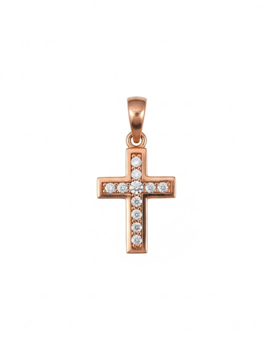 9k RG Diamond Cross Pendant 11D=0.16ct Channel Set . Meas. 13mm x 10mm