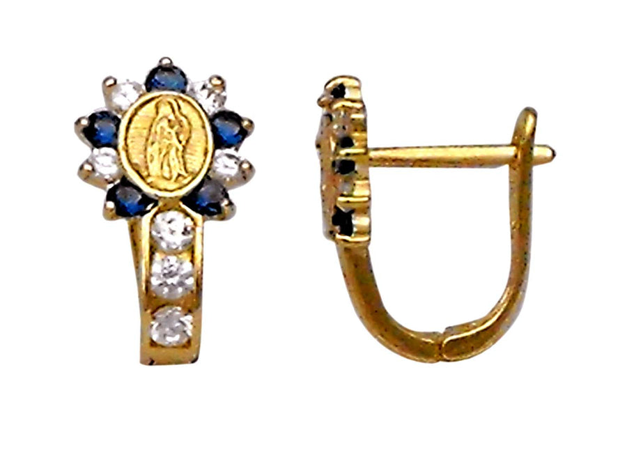9k YG CZ Euro Clip Earrings 7.5x6mm Diameter. Mary Madonna surrounded with Blue & Clear stones