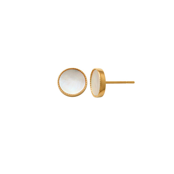 9k YG Mother of Pearl Bezel Set Earrings. 7.95mm Wide.