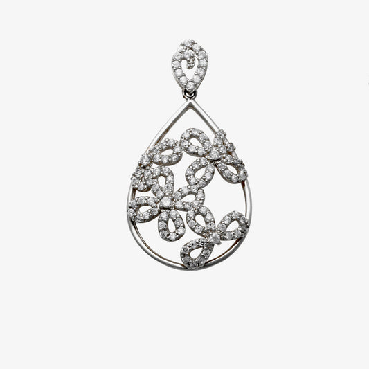18k WG Tear Drop Pendant Flower design in centre set with CZ's 21mm x 15mm