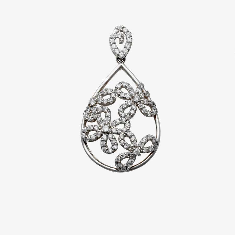 18k WG Tear Drop Pendant Flower design in centre set with CZ's 21mm x 15mm