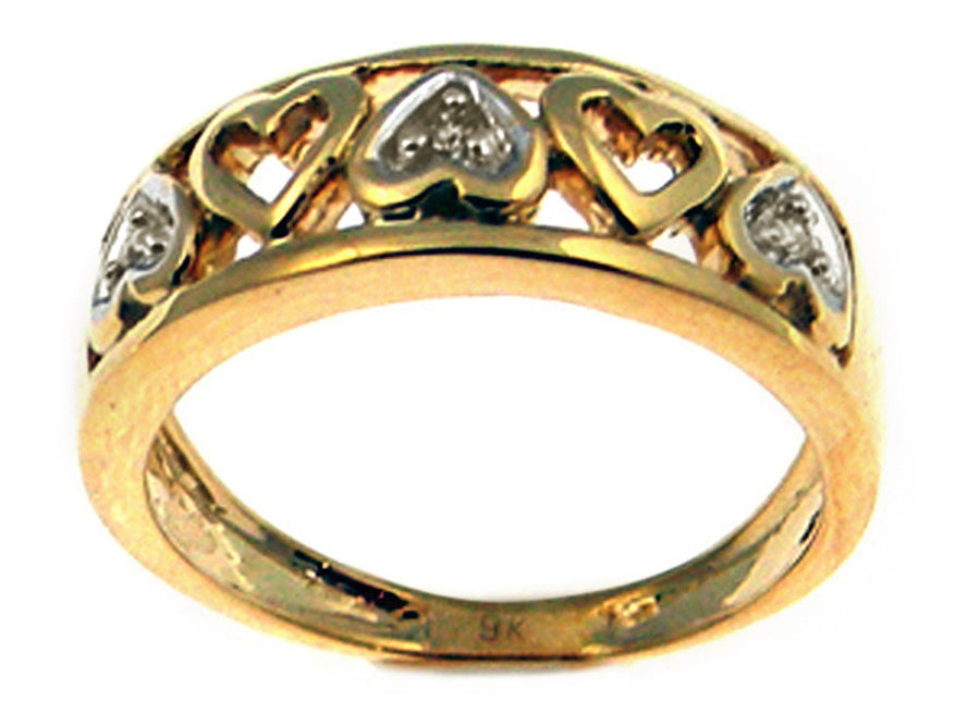 9k YG Diamond Ring  5 Hearts  3D = 0.03ct  Size M.