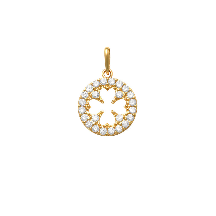 9k YG Circle Pendant 4 Leaf Clover Design in centre set with CZ's 12mm
