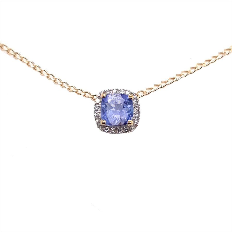 9k YG 5mm square Tanzanite & Diamond Pendant 1Tanz=0.65ct & 20D=0.06ct with Oval Link Chain 45cm O-Ring at 43cm & 44cm 1mm Wide . Meas. 6mm