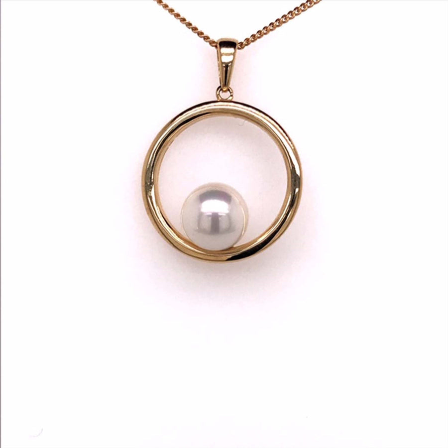 9k YG Circle Pendant with Synthetic 8mm Pearl 20mm