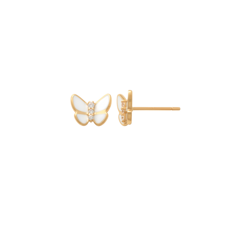 9k YG White Epoxy Butterfly Stud Earring.6.1mm x 7.7mm