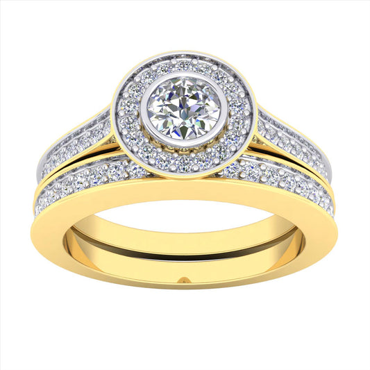 9k YG Diamond Engagement Ring Set...(YG Band with WG Settings)..Engagement Ring 1D=0.26ct & 36D=0.30ct....Wedding Band 17D=0.14ct  (YG Band with WG Settings)..Total Diamond weight: 0.70ct..Size P