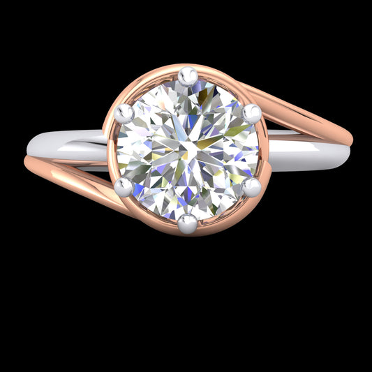 "Mel" 9k 2T 6.5mm (1ct) CZ Solitare Ring with white gold band and rose gold bezel twirl. Size Q