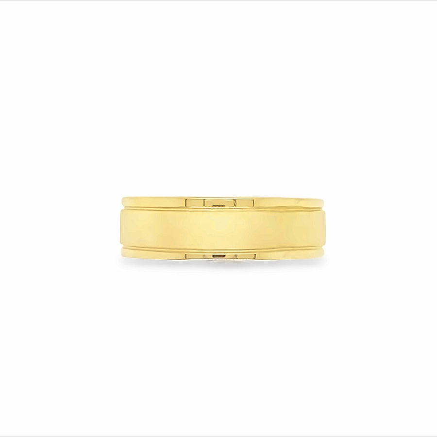 9k YG Gents Ring. Matt Finish in centre, 2mm Engraved line,8mm Wide xDepth 2mm, Size U1/2.