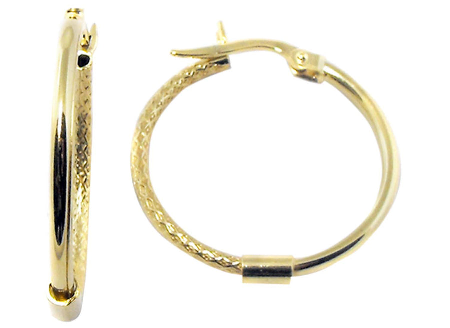 9k YG Round Hoop Earrings 25mm Polished & Weave Tube 1.8mm Wide