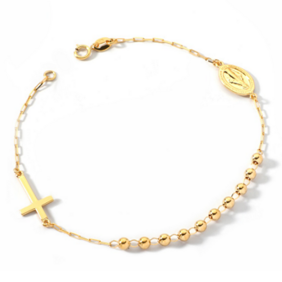9k YG Rosary Bracelet with 3mm Polished Balls  Madonna and Cross. 18.5cm.