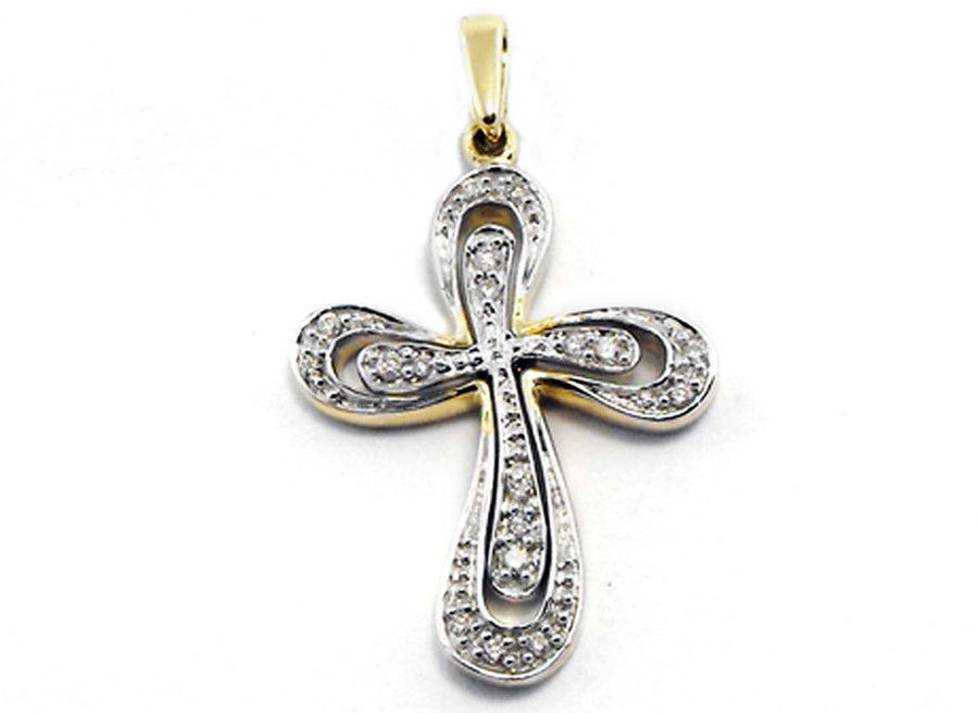 9k 2T Diamond Cross Pendant 18D=0.11ct Grain Set . Meas. 24mm x 19mm