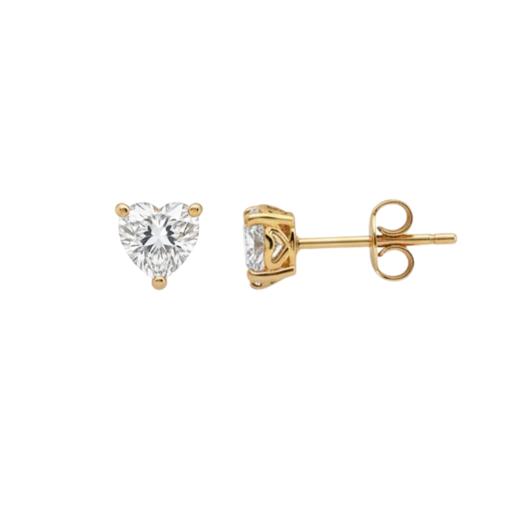 18k YG Stud Earrings 4mm Heart CZ's 3 Claws in Filigree Setting.