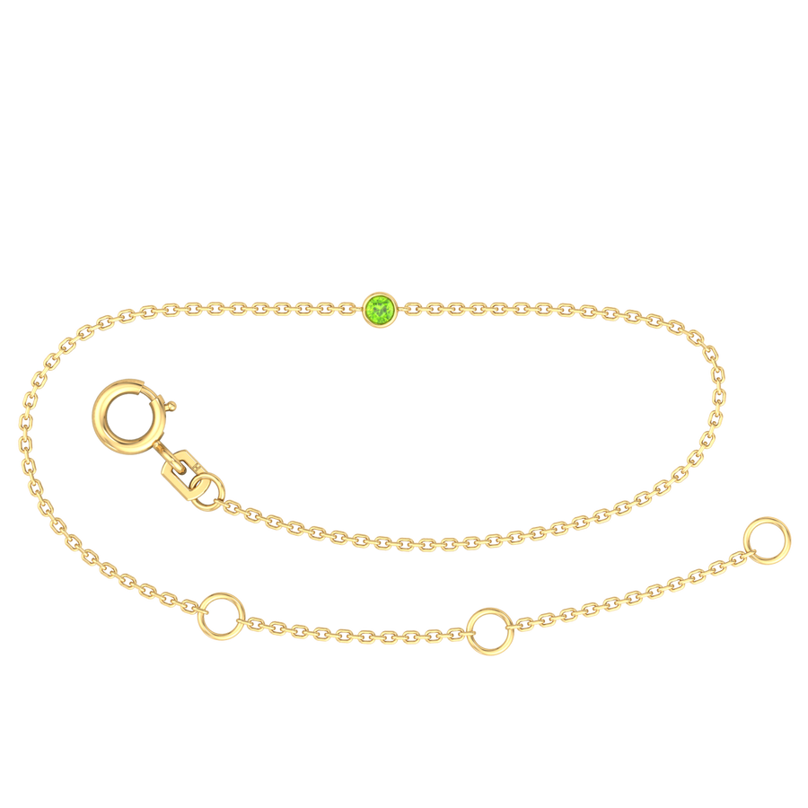 9k YG Oval Link August Peridot Bracelet 1.4mm Wide 19.5cm . Bezel Set with 1PE=0.06ct,  O-Rings at 16.5 & 18cm