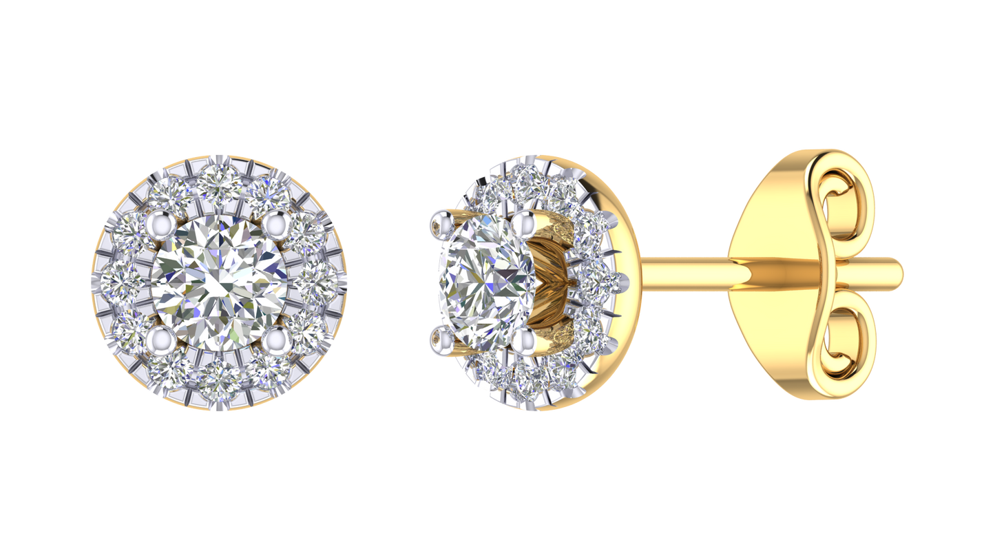 18k Yellow Gold Diamond Halo Studs set with 2D=0.30ct & 24D=0.16ct