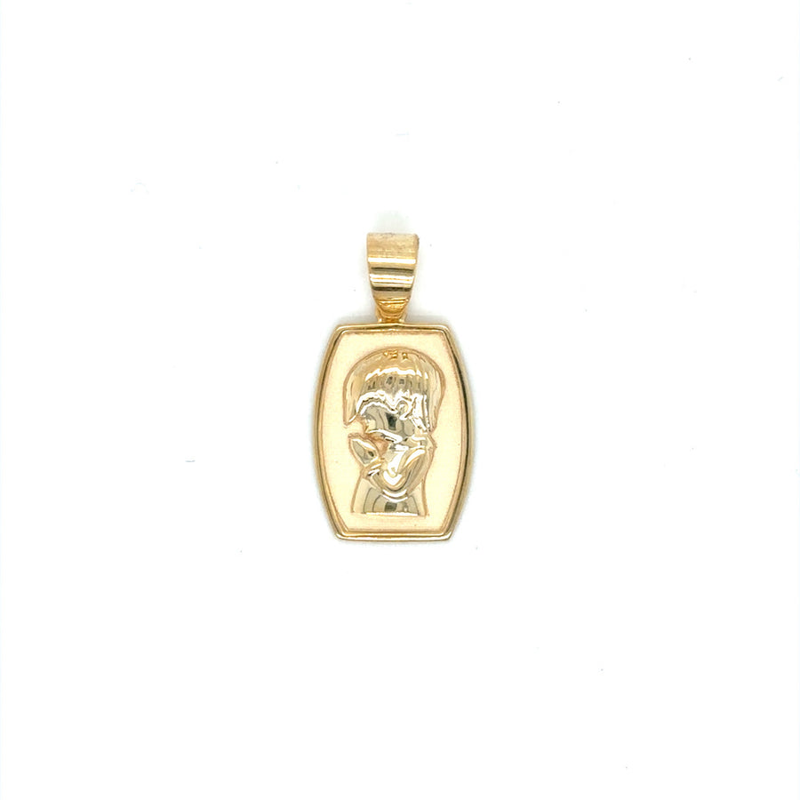 9k YG Praying Child Communion Confirmation Pendant with Matte Background 16x12mm