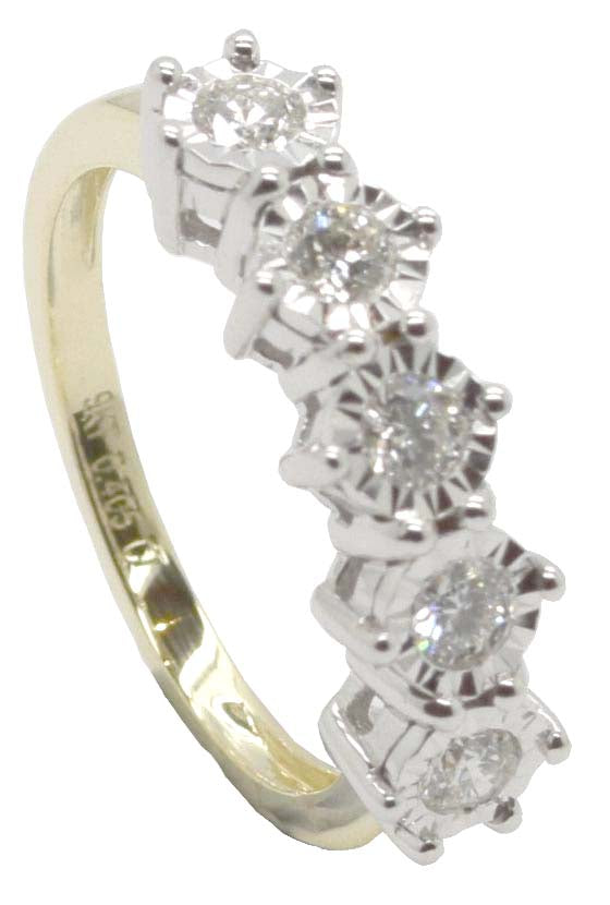 9k YG 5 Stone Diamond Dress Ring with WG Setting 5D=0.42ct Size P