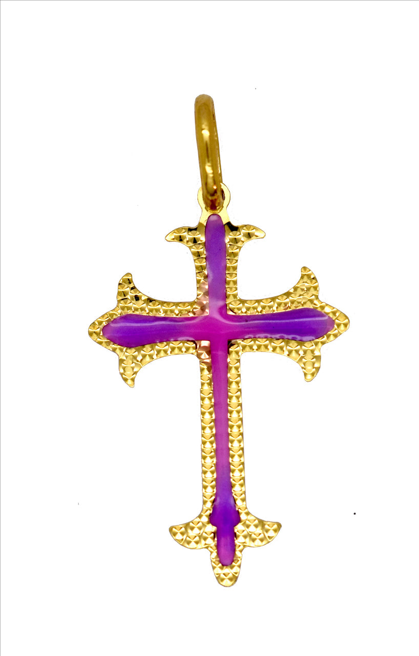 18k YG Italian Enamel Pink Cross Pendant . 23x15mm