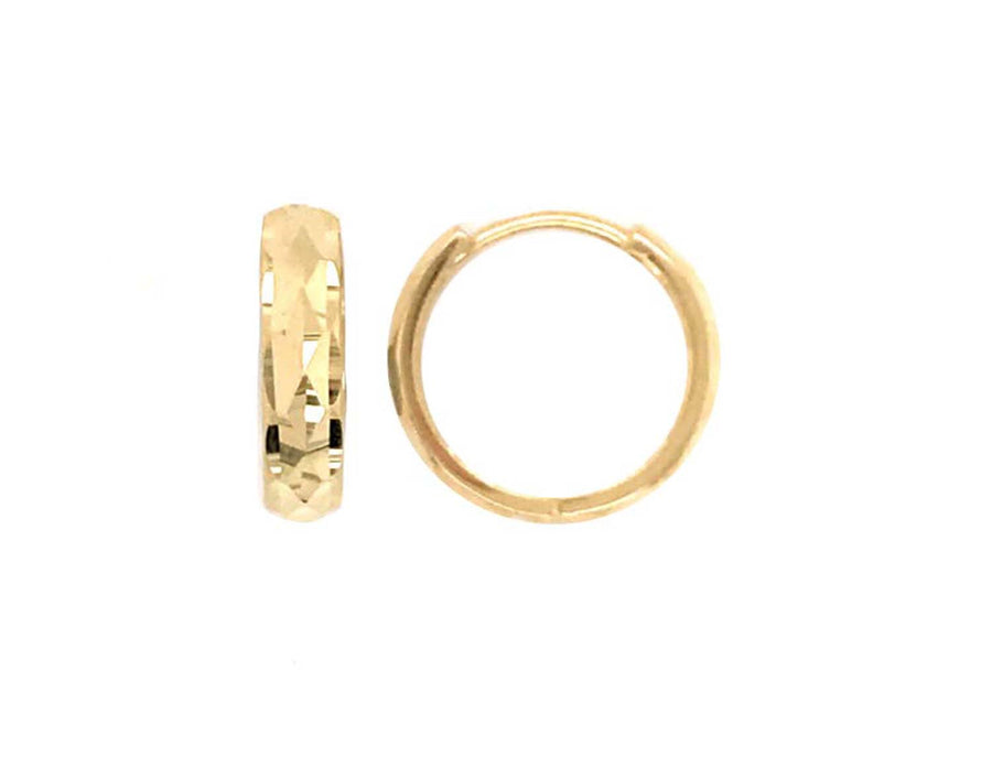 9k YG Round Huggie Earrings 11.5mm Diameter. Diamond Cut Design. 3.2mm Wide