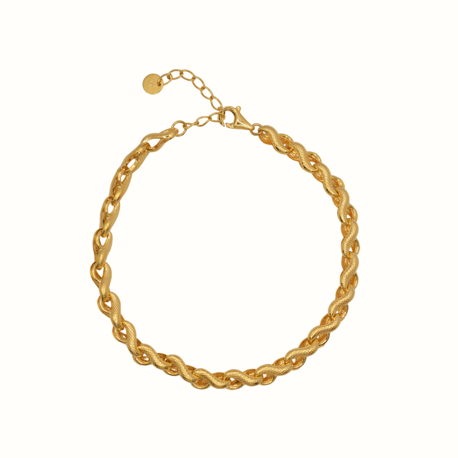9k YG Hollow Textured Infinity Bracelet,  5.2mm width, 18cm with 3cm adjustable links