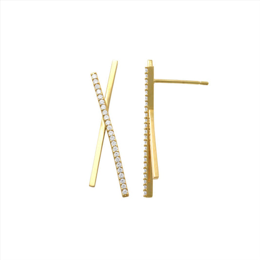 9k YG CZ Double Long Bars Stud Earrings 22.5mm