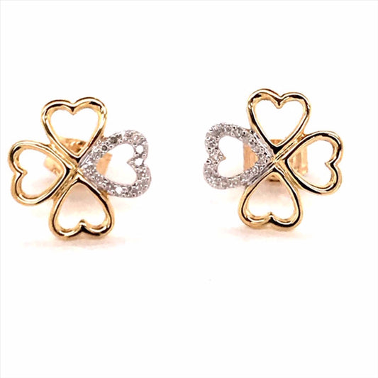 9k YG Diamond 4 Leaf Clover Stud Earrings 11mm