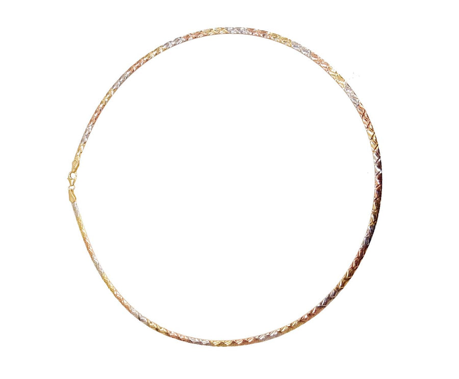 9k WG Italian Double Sided Plain and TRI Color Swiss Cut Omega Chain 3mm Wide 50cm  Approx 10.6g  This is an evening piece not suitable for everyday wear. To prevent damage, chain should be stored flat in a protective box.
