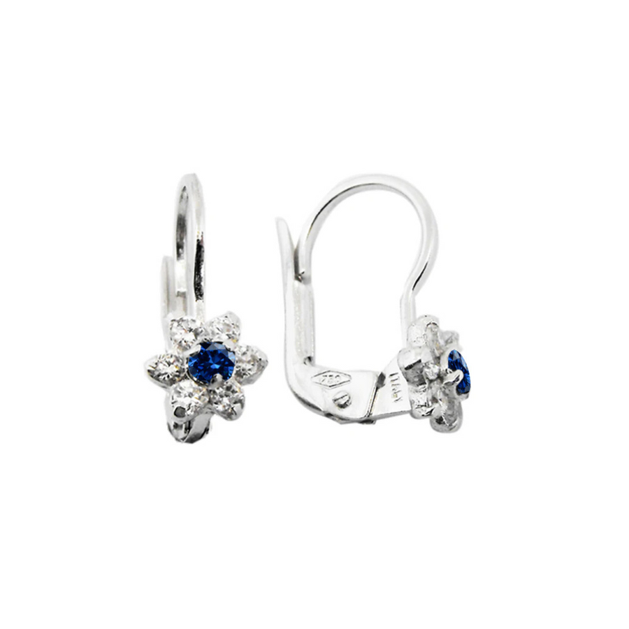 18k WG CZ Euro Clip Earrings with Blue & CZ Cluster 10x6mm