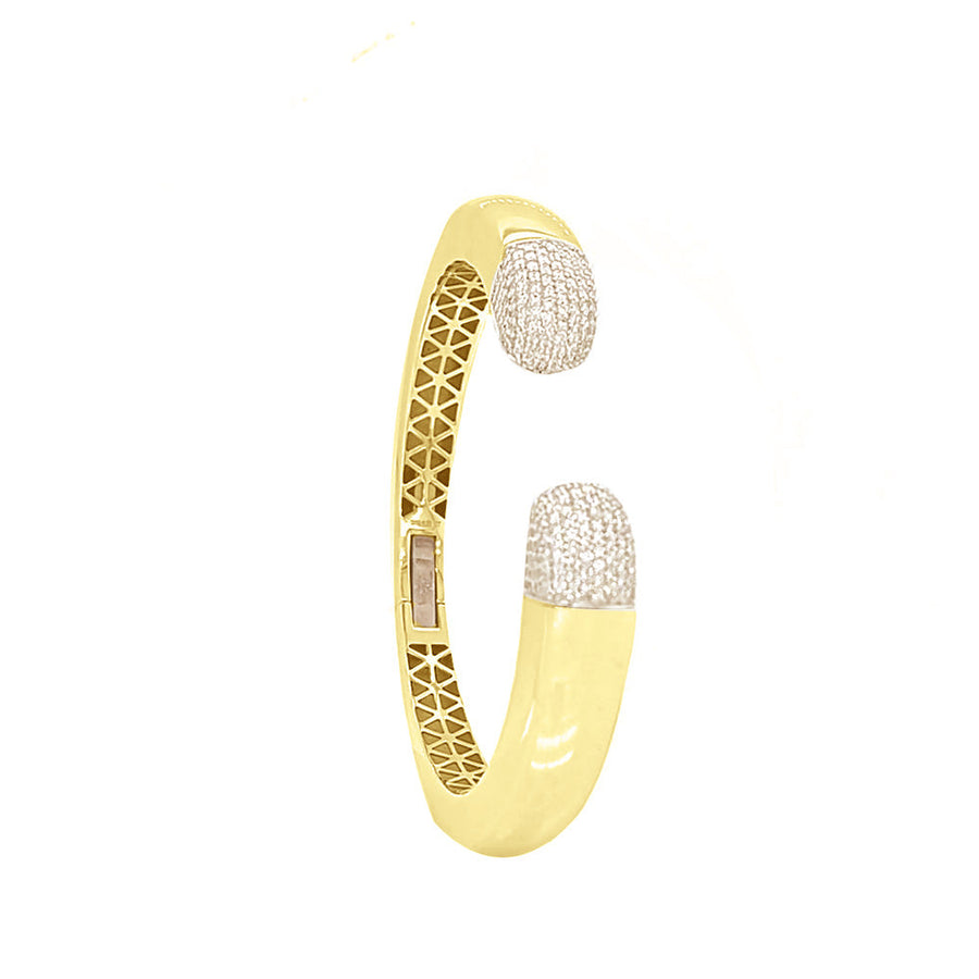9k YG Hinged Cuff Bangle with Diamond Ends, 268D = 1.31ct, SI1 G.  54x47mm