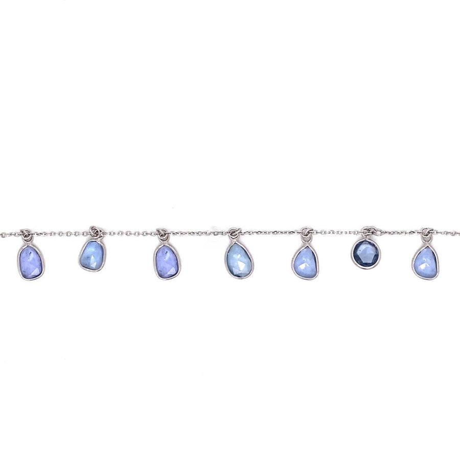 18k WG Solid Oval Link Chain with 8 BlueTanzanite Drops 45cm. Gross weight 7.7g, Tanzanite weight 14.7ct.