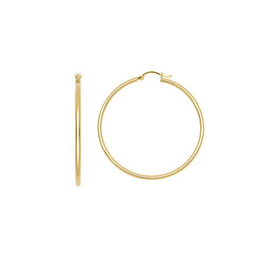 9k YG Round Hoop Earrings 45mm Diameter. Round Tube 2mm Wide