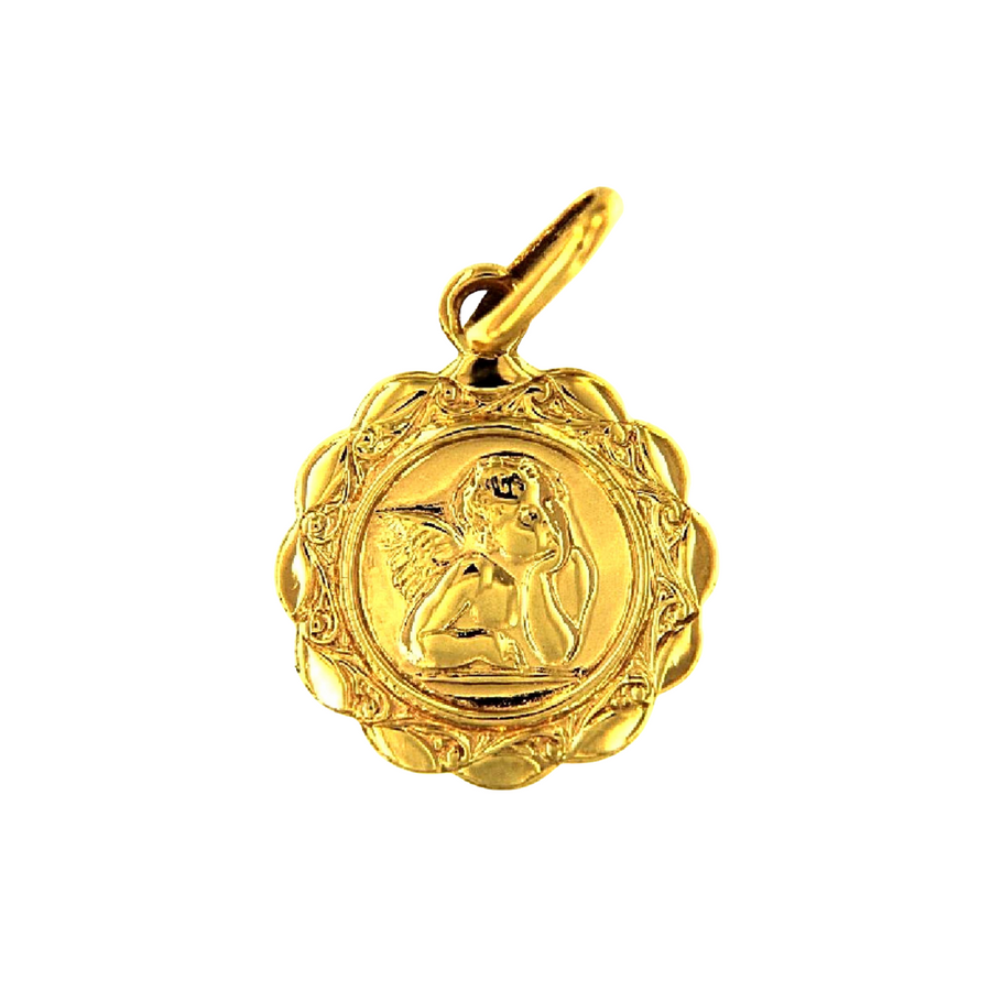 18k YG Italian Round Medallion Pendant Angel 13mm.