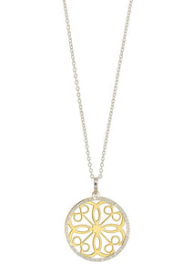 925 Two Tone Laser Cut Fancy Double Circle Pendant 16mm with Chain