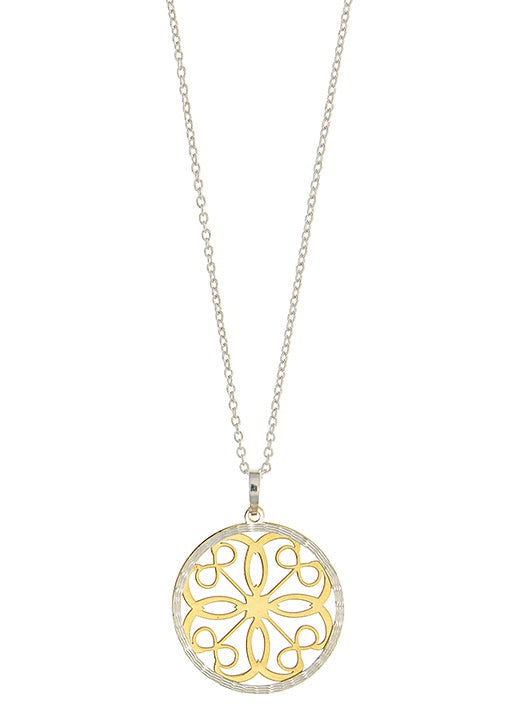 925 Two Tone Laser Cut Fancy Double Circle Pendant 16mm with Chain