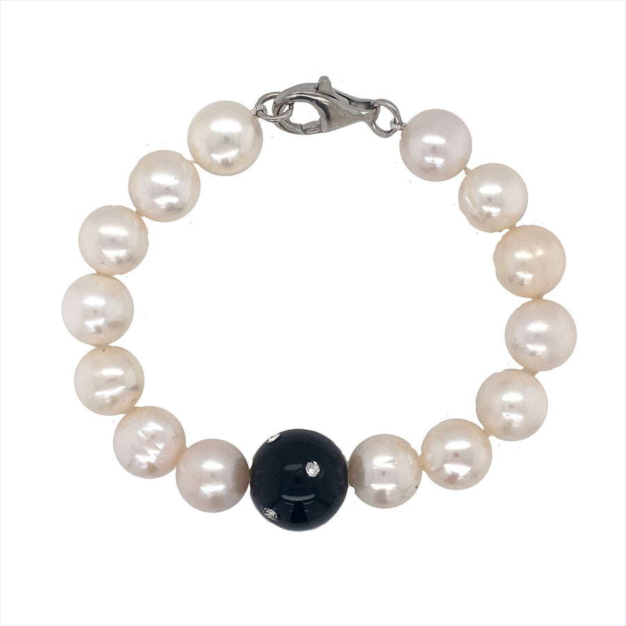 925 White FWP Bracelet with Black CZ's Agate 14prl.