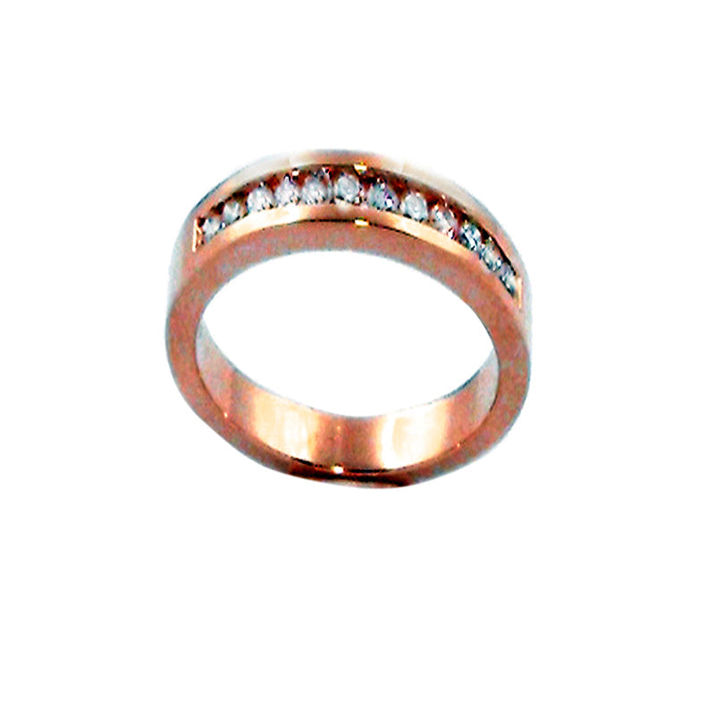 9k RG Diamond Ring  Channel-Set  Brilliant Cut  12D = 0.25ct  Col: I  Clar: P1  Size M.