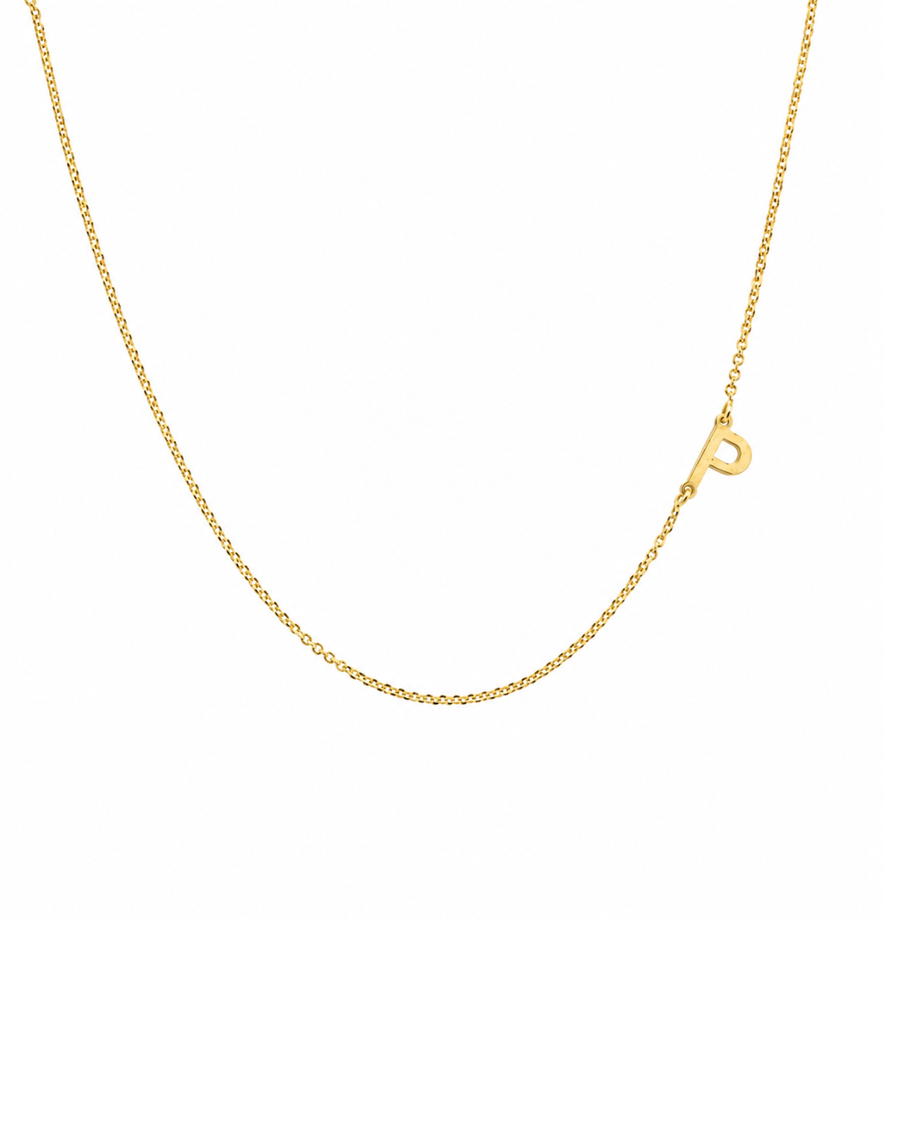 9k YG Diamond Cut Trace Chain 1.1mm Wide with Letter P (6.5x4.5mm) 19cm with Adjustable Finding